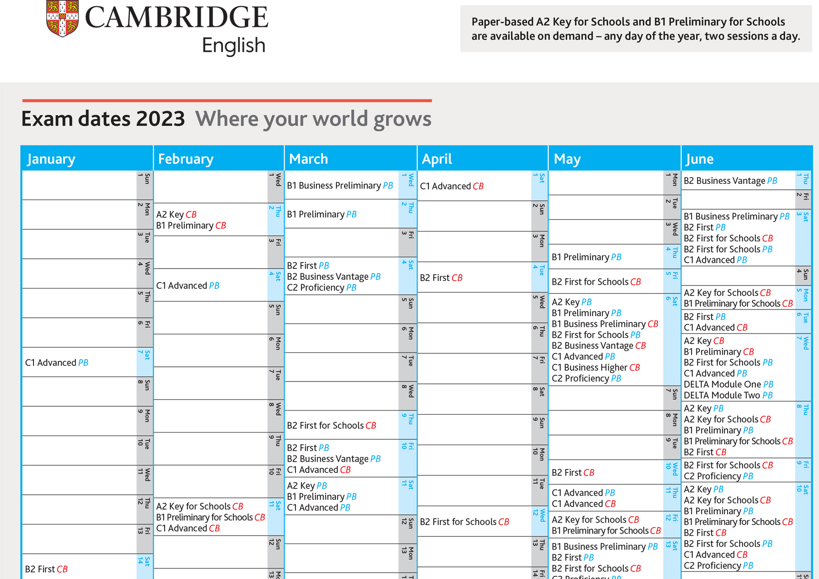 Cambridge English Language Assessment Calendar
